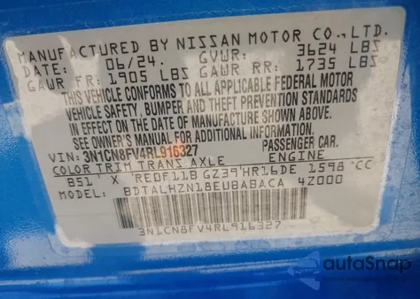 2024 Nissan Versa 1.6 Sr from USA, damaged, VIN 3N1CN8FV4RL916327